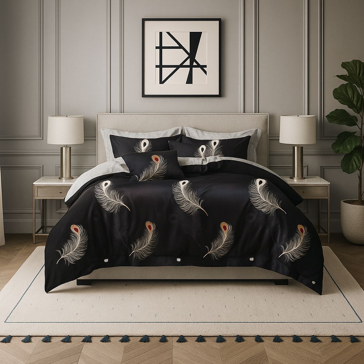 ARMONIA - Juego de cama Queen 2 plazas diseño Plumas Black modelo 630