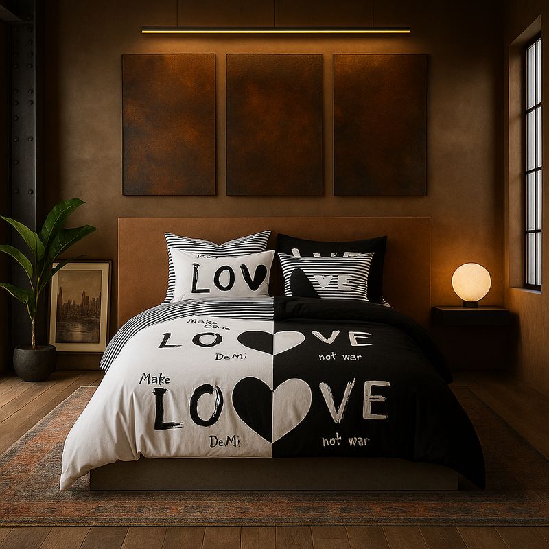 ARMONIA - Juego de sábanas cama Queen de 2 plazas diseño Love Black modelo 624