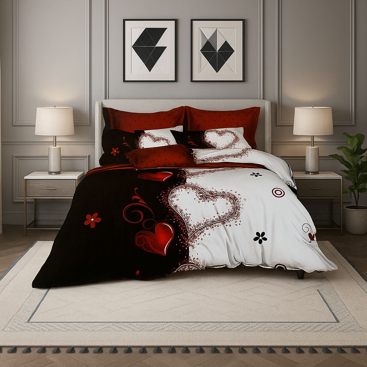 ARMONIA - Juego de cama Queen 2 plazas diseño Corazones modelo 635