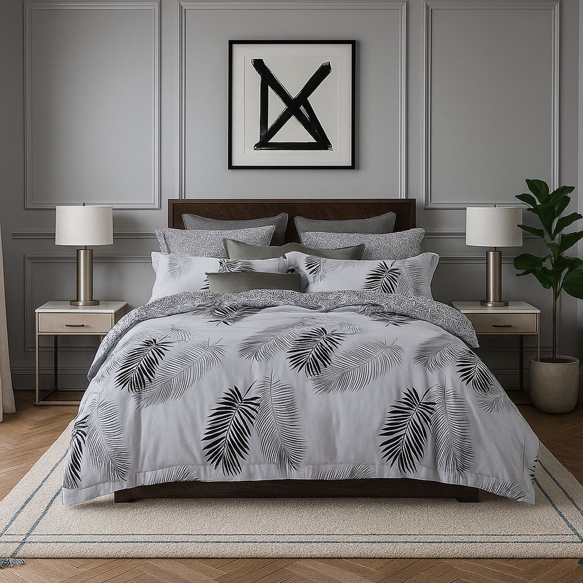 ARMONIA - Set de sábanas King 25 plazas diseño Hojas Gris modelo 642