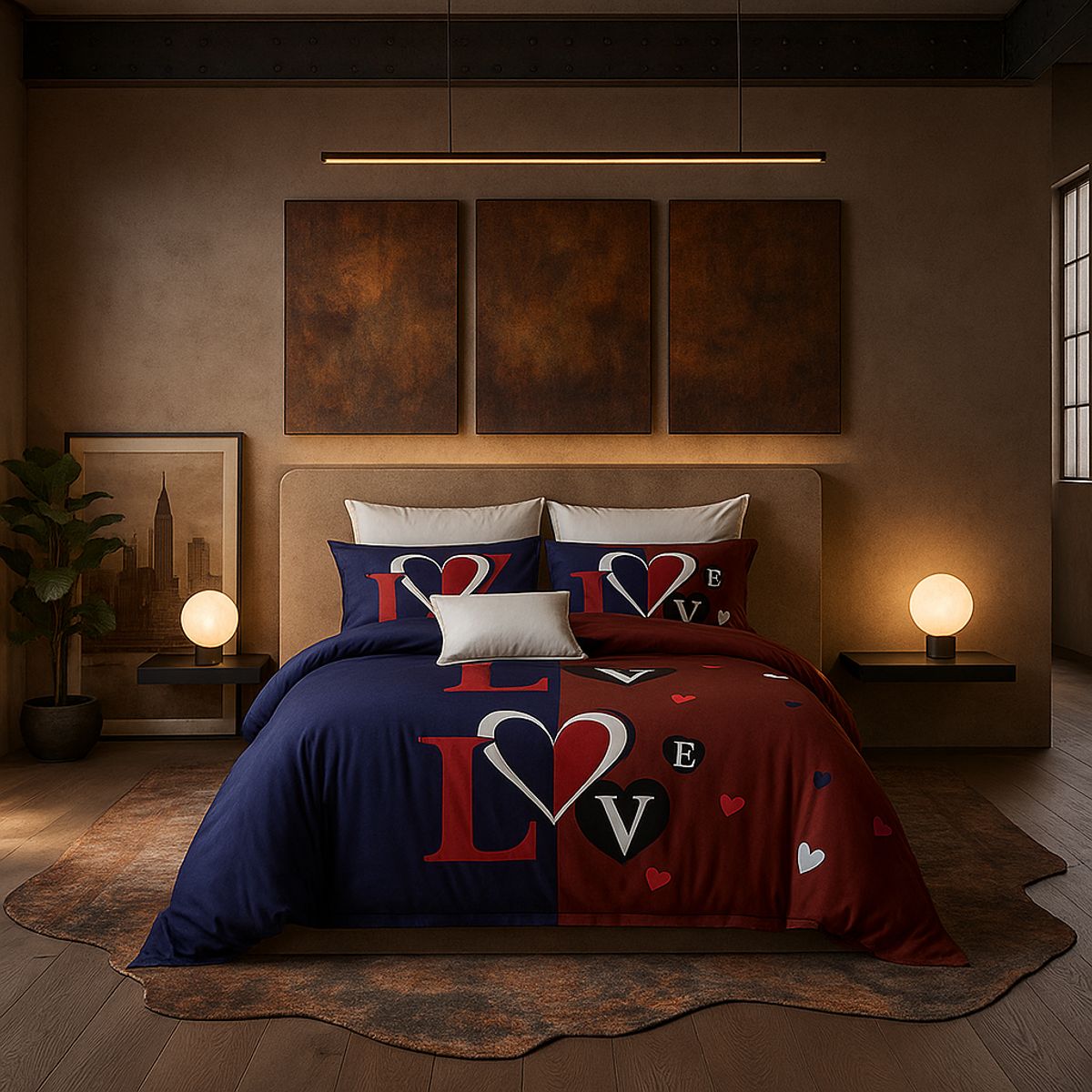 ARMONIA - Set de sábanas cama Queen de 2 plazas diseño Love Red modelo 627