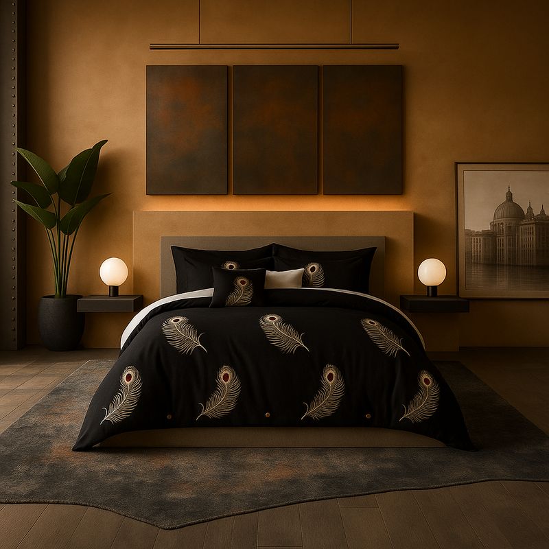 ARMONIA - Ropa de cama cama Queen de 2 plazas diseño Plumas Black modelo 630