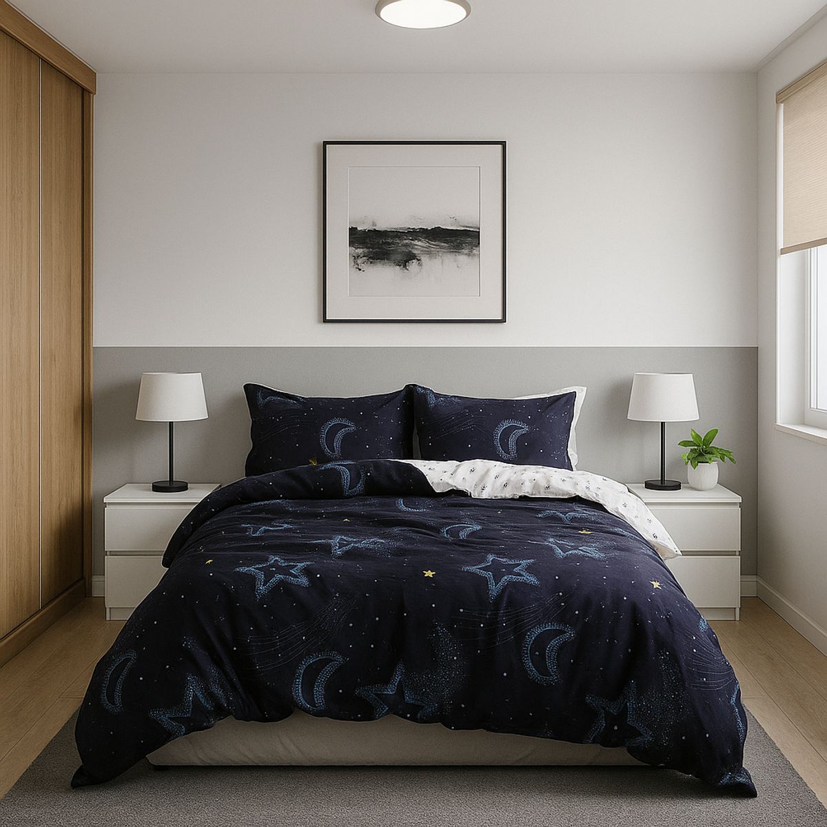 ARMONIA - Set de sábanas King 25 plazas diseño Luna y Estrellas modelo 634