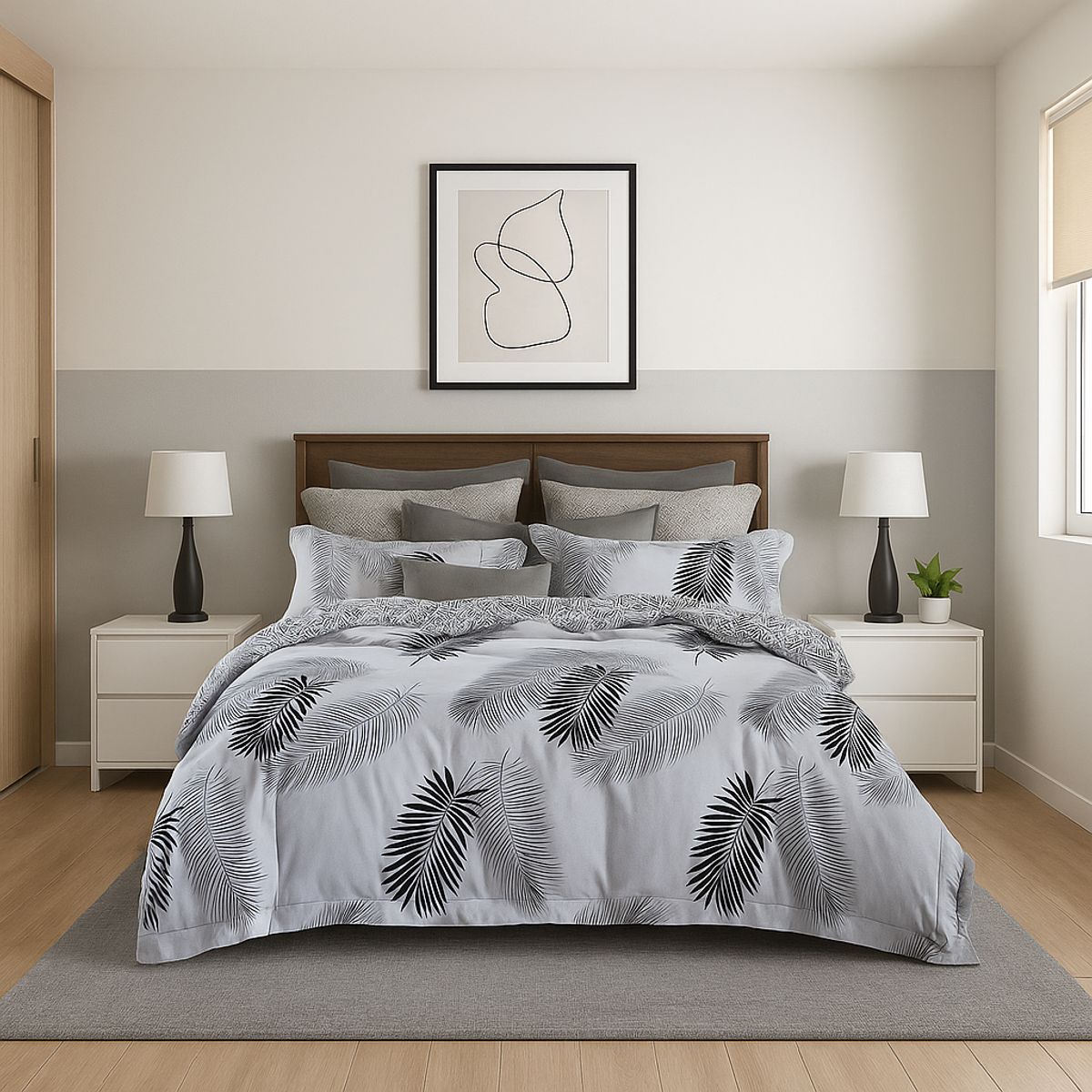 ARMONIA - Juego de sábanas King 25 plazas diseño Hojas Gris modelo 642