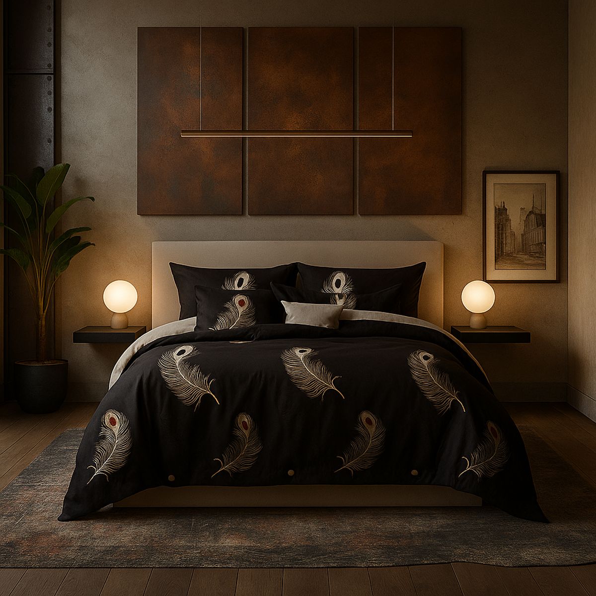 ARMONIA - Ropa de cama 2 plazas Queen diseño Plumas Black modelo 630