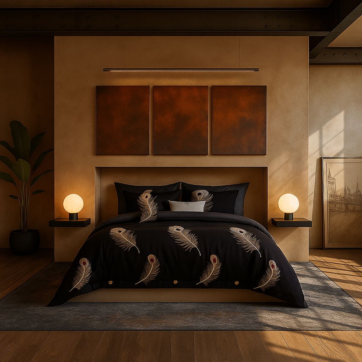 ARMONIA - Ropa de cama 2 plazas Queen diseño Plumas Black modelo 630