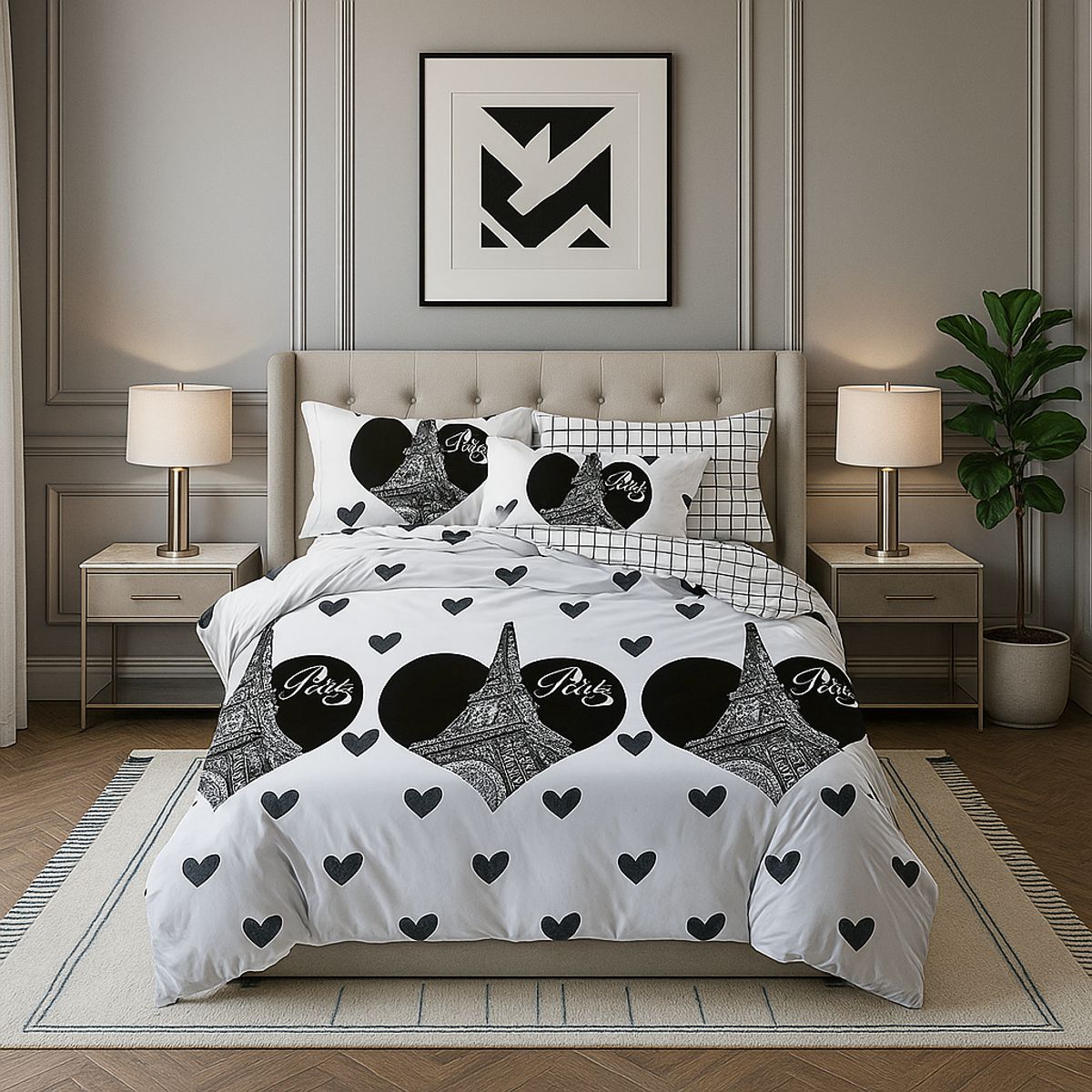 ARMONIA - Juego de cama Queen 2 plazas diseño Torre Paris modelo 633