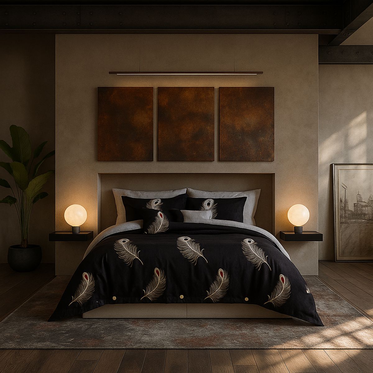 ARMONIA - Ropa de cama 2 plazas Queen diseño Plumas Black modelo 630