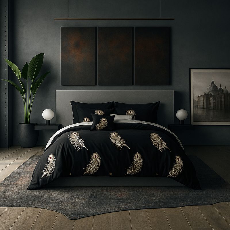 ARMONIA - Juego de cama cama Queen de 2 plazas diseño Plumas Black modelo 630