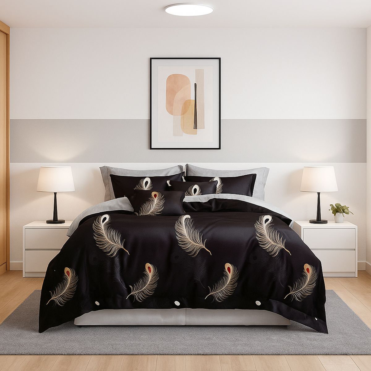 ARMONIA - Juego de sábanas King para cama de 25 plazas diseño Plumas Black 630