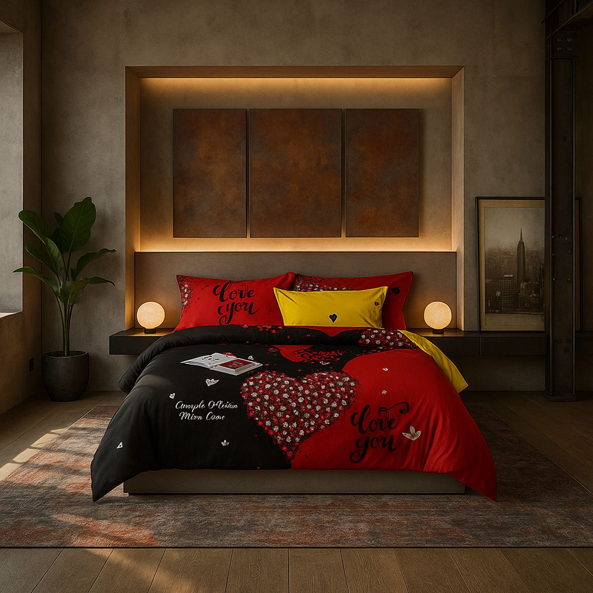 ARMONIA - Set de sábanas cama King de 25 plazas diseño Corazón Rojo modelo 620