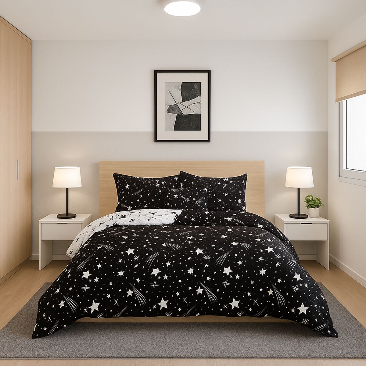ARMONIA - Ropa de cama 2 plazas Queen diseño Estrellas Black modelo 626