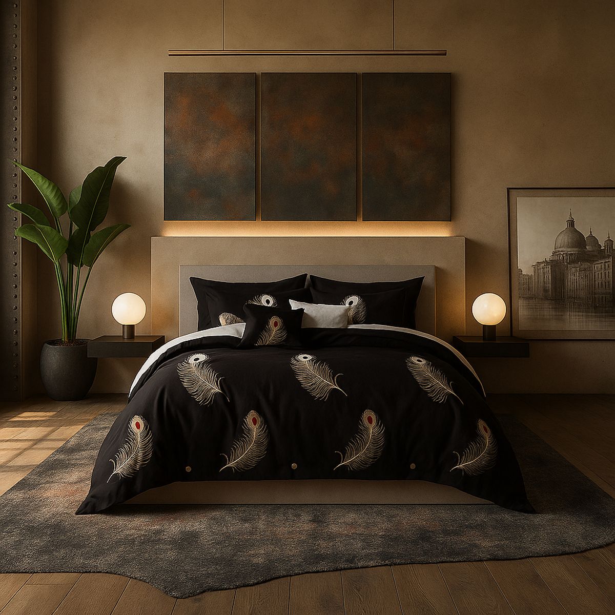 ARMONIA - Ropa de cama King 25 plazas diseño Plumas Black modelo 630