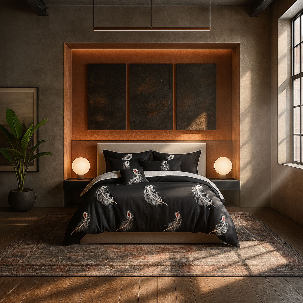 ARMONIA - Juego de cama 2 plazas Queen diseño Plumas Black modelo 630