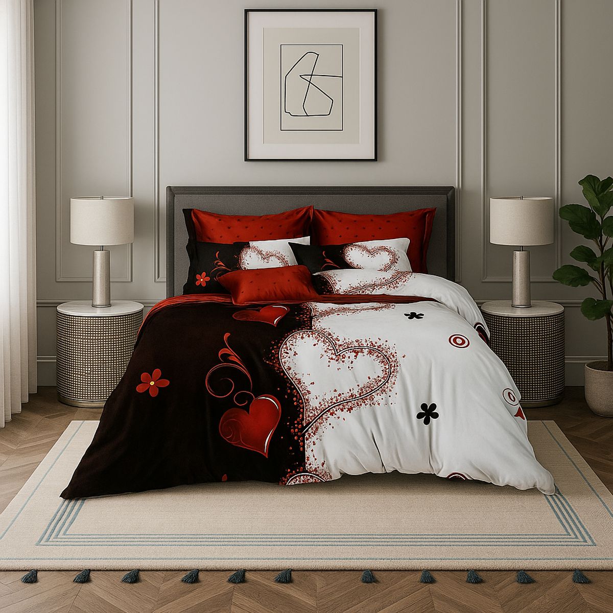 ARMONIA - Set de sábanas Queen 2 plazas diseño Corazones modelo 635