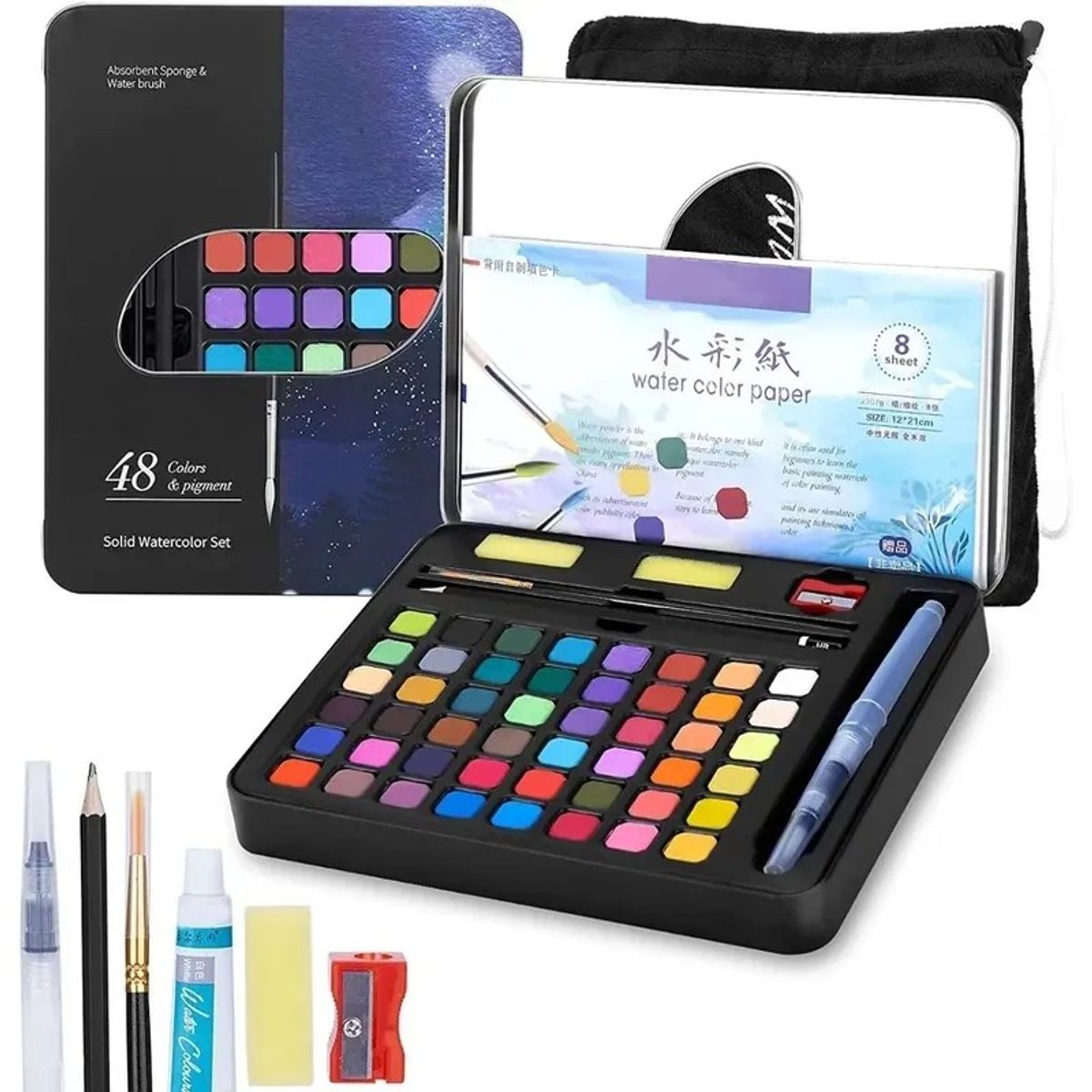 GENERICO - Acuarelas Profesionales 48 Colores Funda Negra