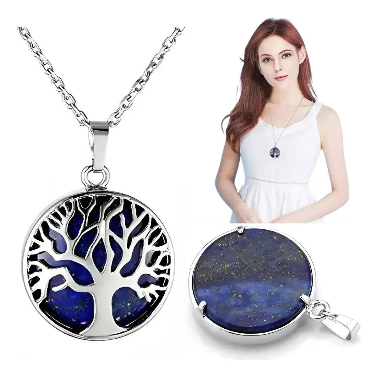 GENERICO - Collar Lapislázuli Arbol De La Vida Raices Cadena Bañado en plata