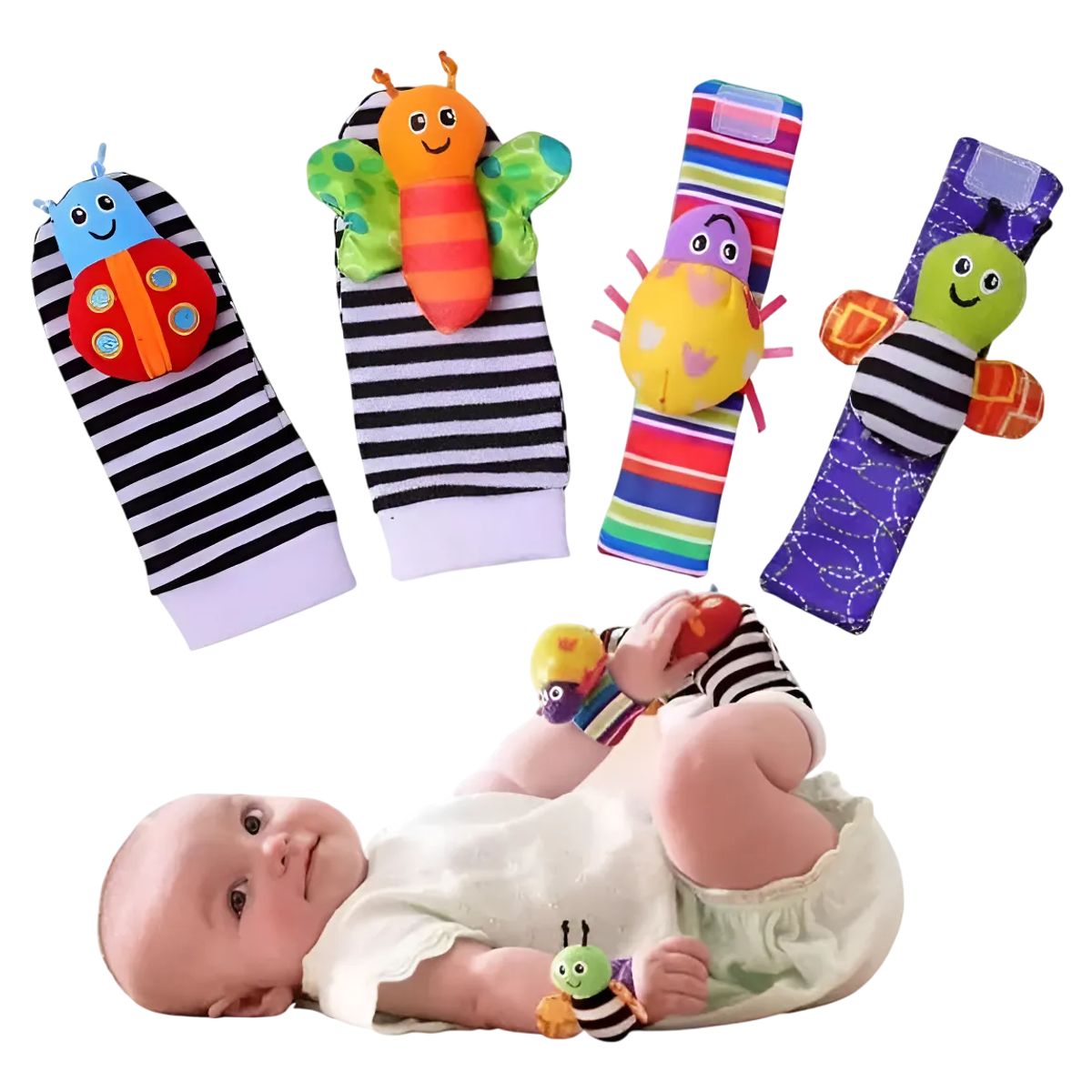 GENERICO - Set Estimulación Sonajeros Bebé 2 Calcetines + 2 Muñequeras