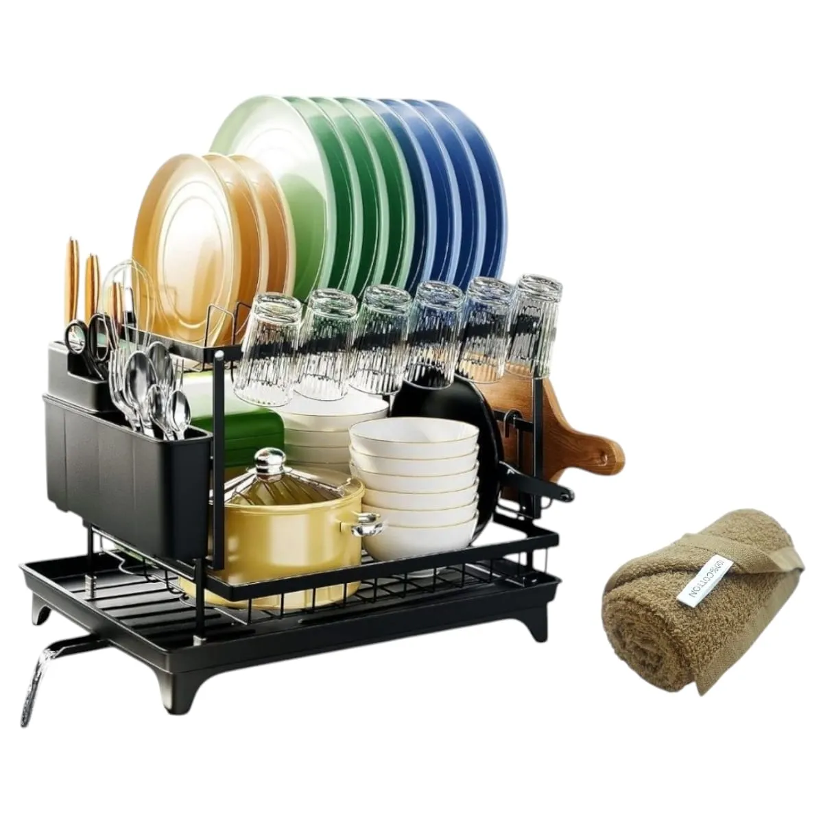 GENERICO - Escurridor 2 Niveles Seca Platos Vasos Base antigoteo +Paño de Regalo