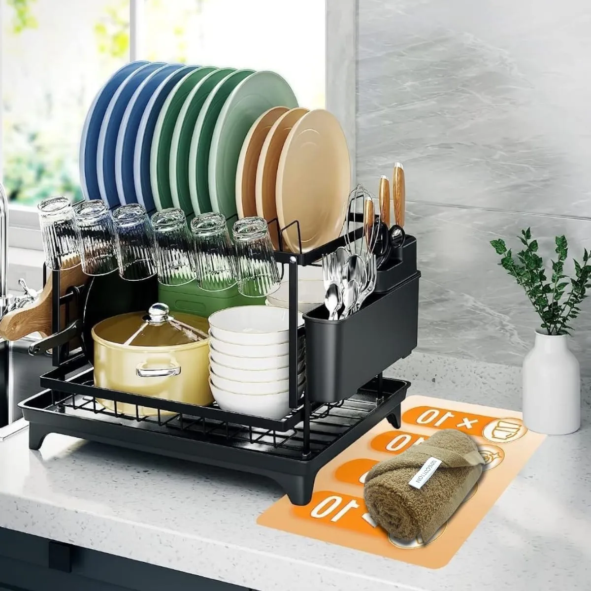 GENERICO - Escurridor 2 Niveles Seca Platos Vasos Base antigoteo +Paño de Regalo