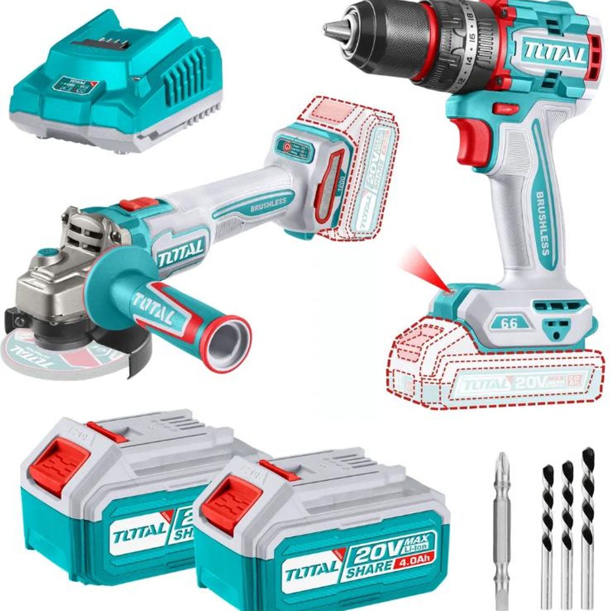 TOTAL TOOLS - COMBO TOTAL 20V TALADRO PERC13MM+ESMERIL 4 12 TOSLI241298