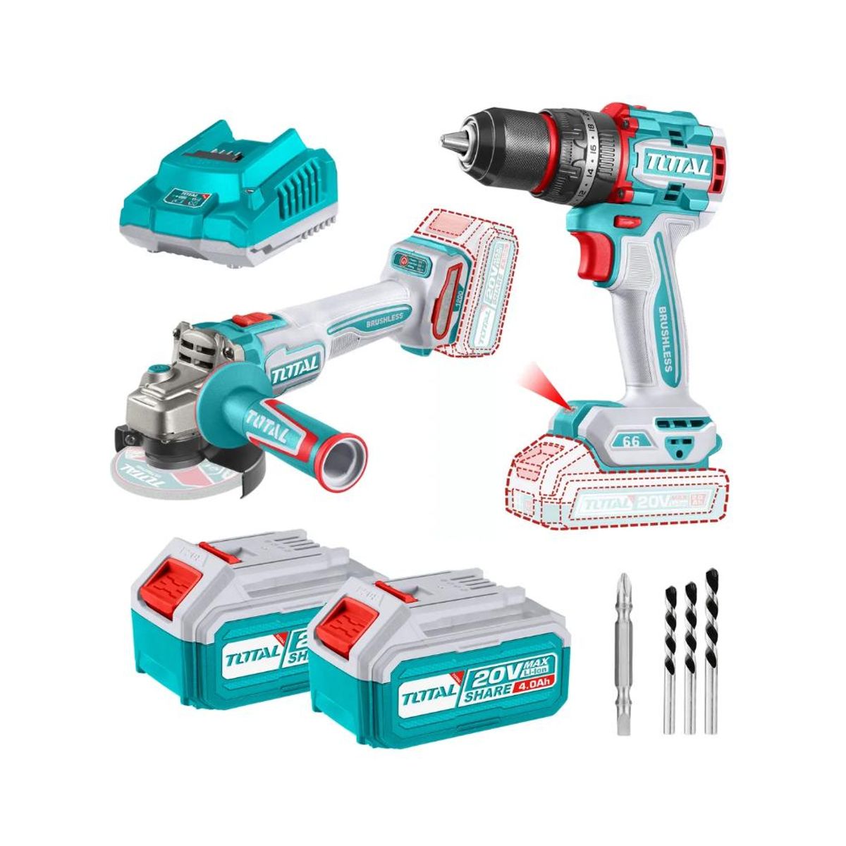 TOTAL TOOLS - COMBO TOTAL 20V TALADRO PERC13MM+ESMERIL 4 12 TOSLI241298