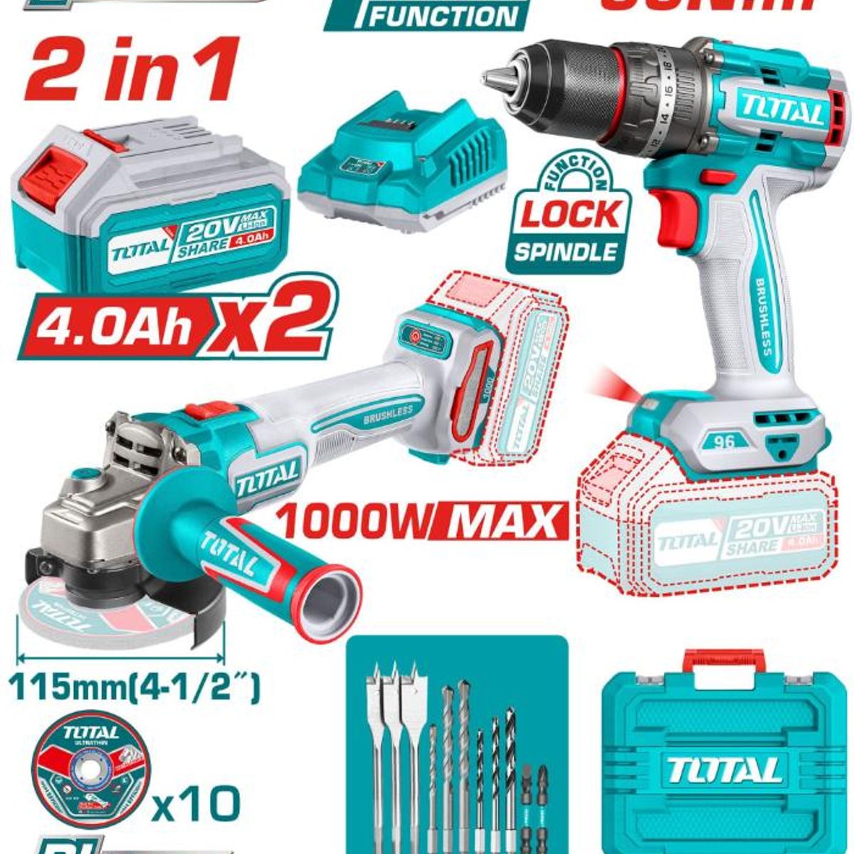 TOTAL TOOLS - COMBO TOTAL 20V TALADRO PERC13MM+ESMERIL 4 12 TOSLI241298