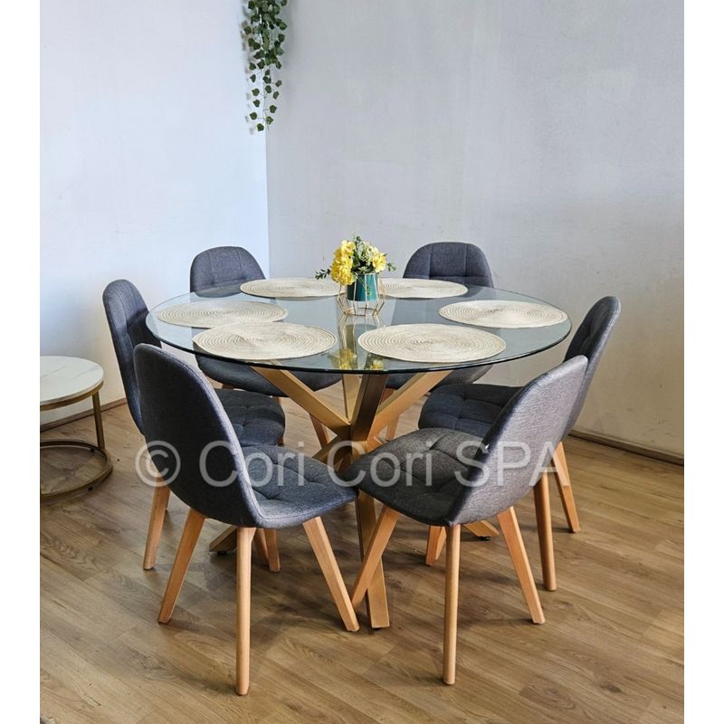 CORI CORI - Comedor Warwick 120cm + 6 Sillas Capitonne Lino Gris