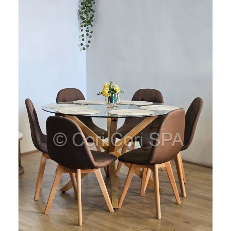 CORI CORI - Comedor Warwick 120cm + 6 Sillas Capitonne Lino Cafe