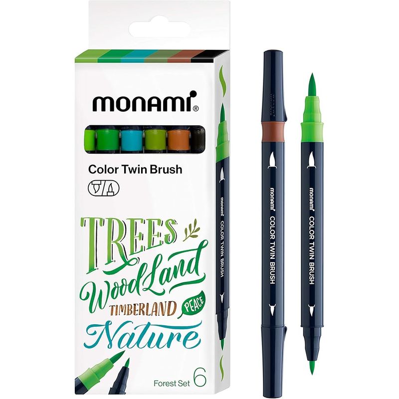 MONAMI - Set 6 marcadores doble punta pincel Tonos Bosque