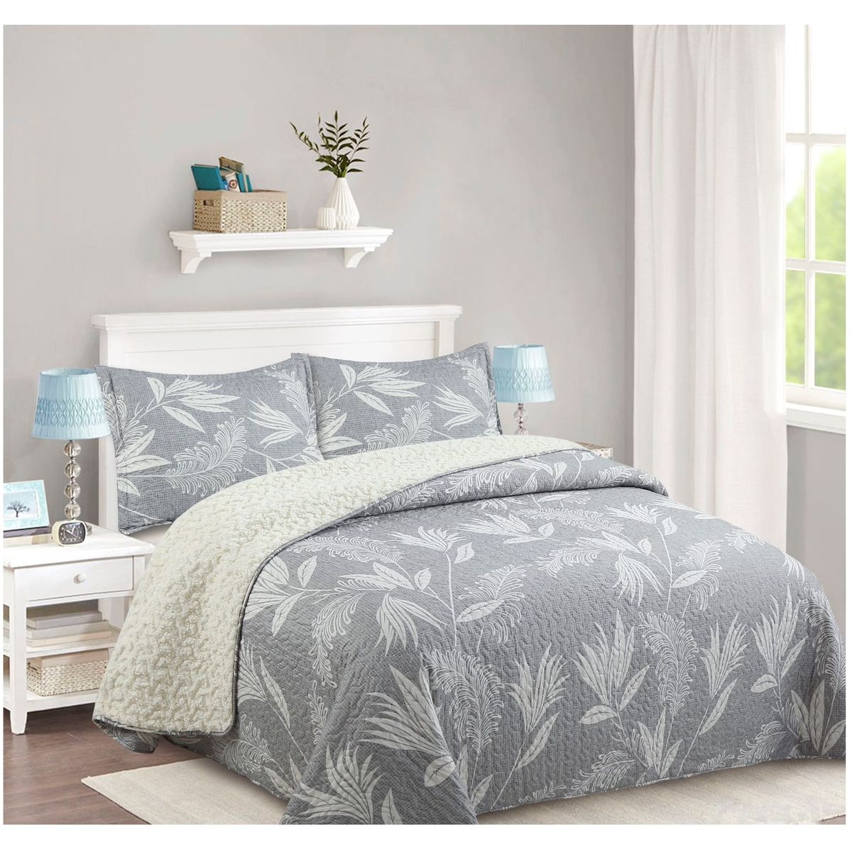COMPRAPO - Cubrecama Quilt Juvenil Sherpa 2 Plazas Modelo Gris Botánico