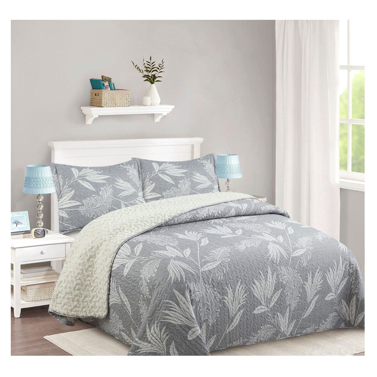 COMPRAPO - Cubrecama Quilt Juvenil Sherpa 2 Plazas Modelo Gris Botánico