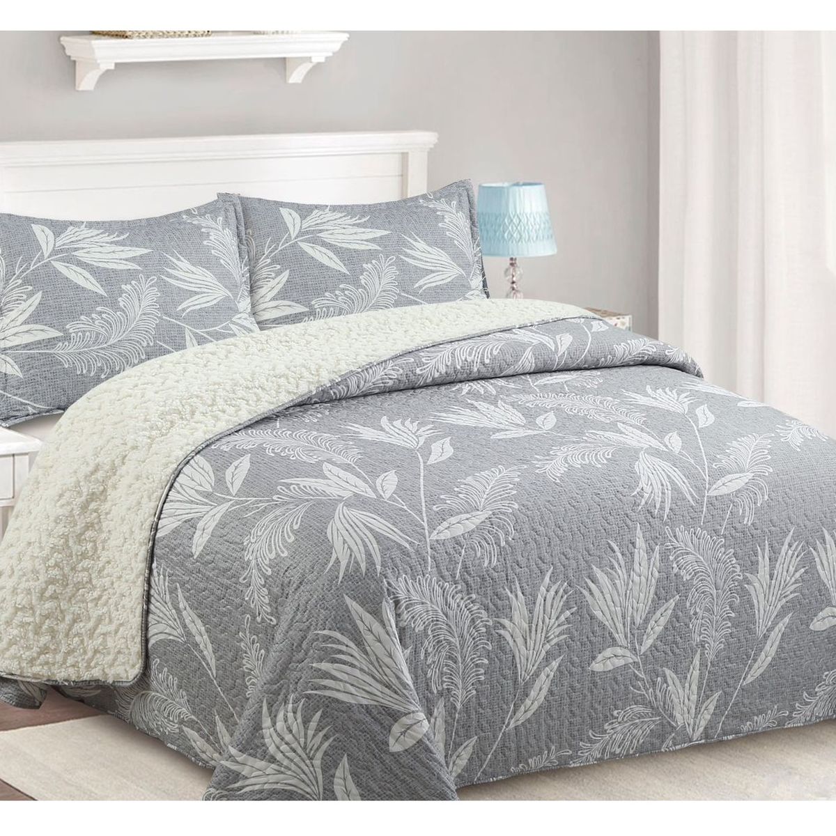 COMPRAPO - Cubrecama Quilt Juvenil Sherpa 2 Plazas Modelo Gris Botánico