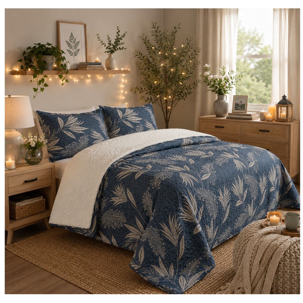 COMPRAPO - Cubrecama Quilt Juvenil Sherpa 2 Plazas Modelo Azul Botánico
