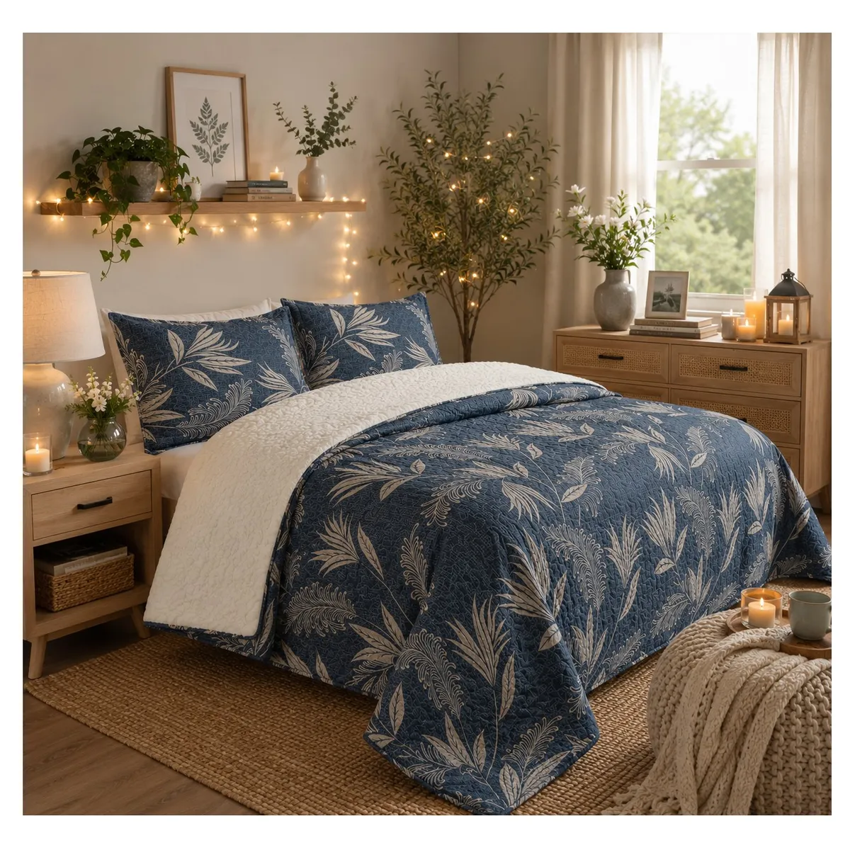 COMPRAPO - Cubrecama Quilt Juvenil Sherpa 2 Plazas Modelo Azul Botánico