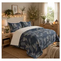 COMPRAPO - Cubrecama Quilt Juvenil Sherpa 2 Plazas Modelo Azul Botánico