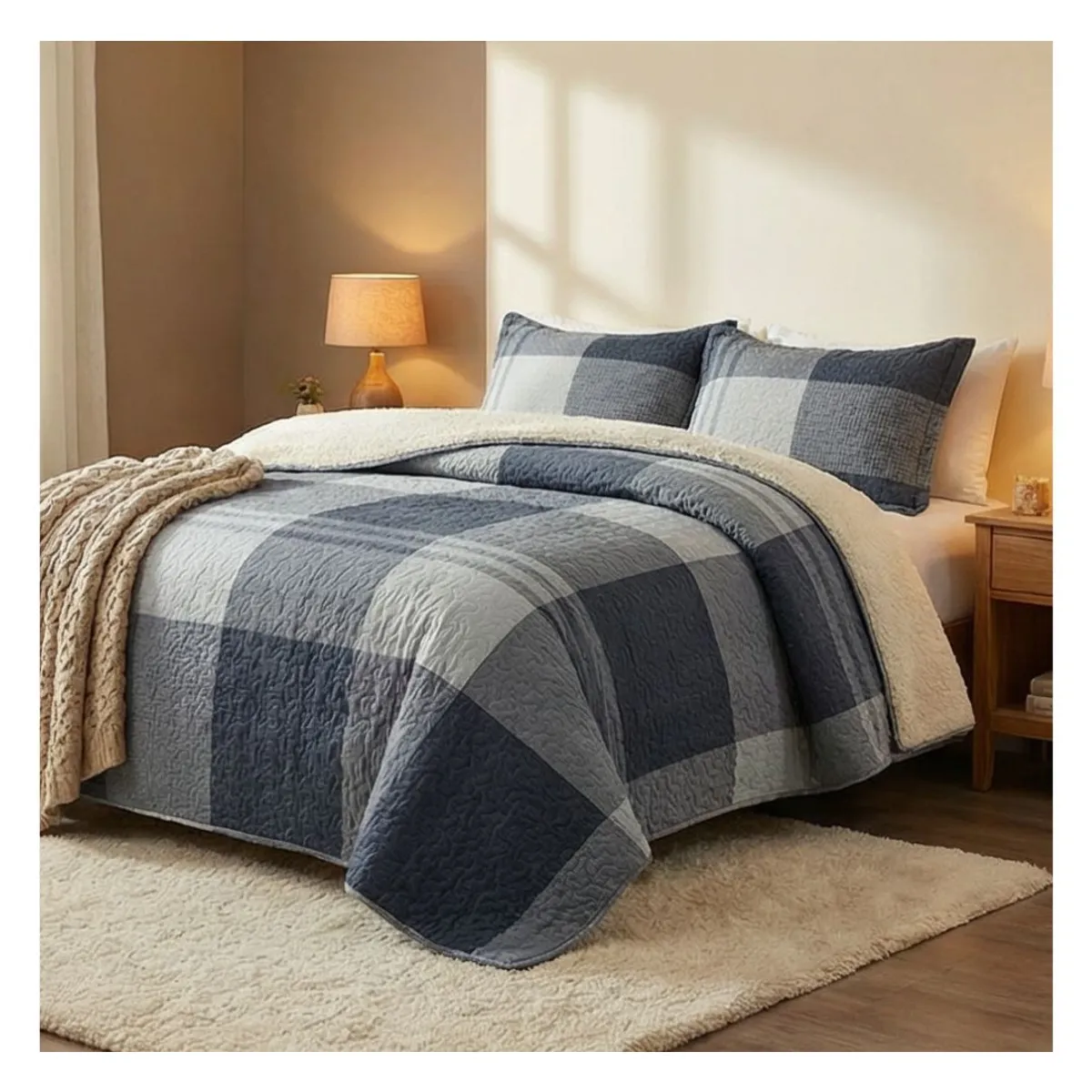 GENERICO - Cubrecama Sherpa 1.5 Plazas - Cuadrille Azul M956