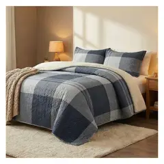 GENERICO - Cubrecama Sherpa 1.5 Plazas - Cuadrille Azul M956