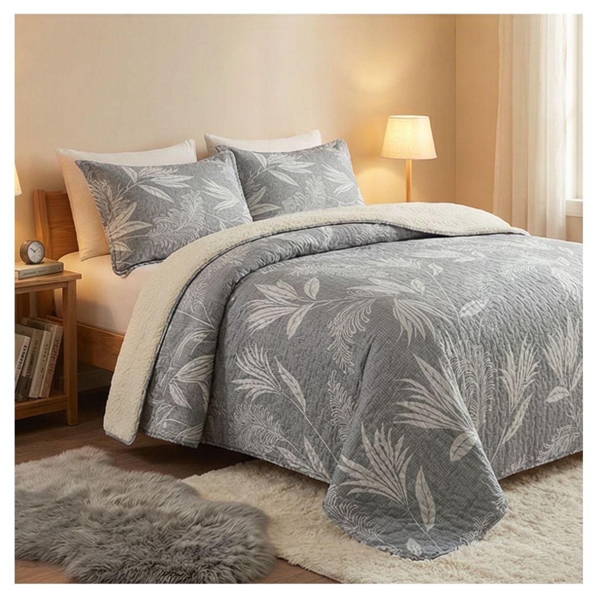 GENERICO - Cubrecama Sherpa 2 Plazas - Gris Hojas M961