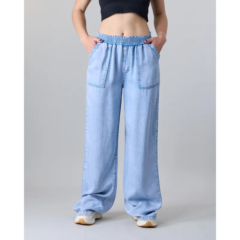 POLEMIC - Pantalon Mujer Tencel cintura elasticada Celeste Polemic