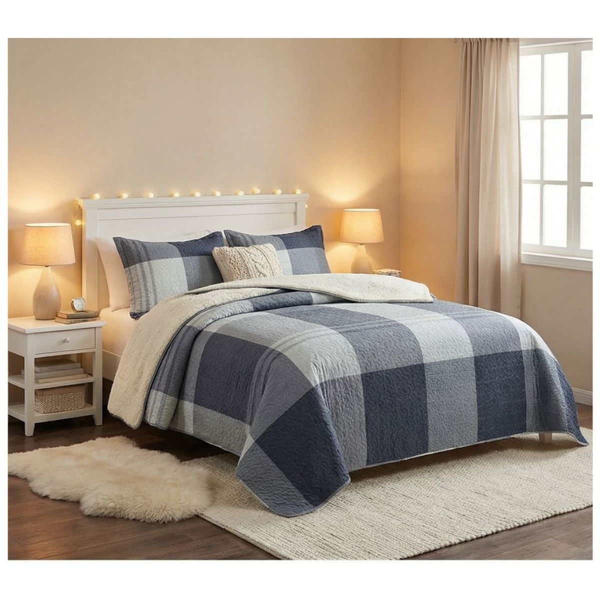 GENERICO - Cubrecama Sherpa 2 Plazas - Cuadrille Azul M956