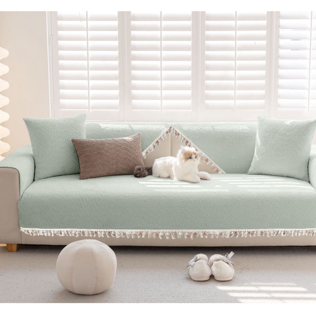 COMPRAPO - Set 3 Pzs Cubre Asiento Sofá + 2 Cubre Brazos 3 Cuerpos Menta Pompón