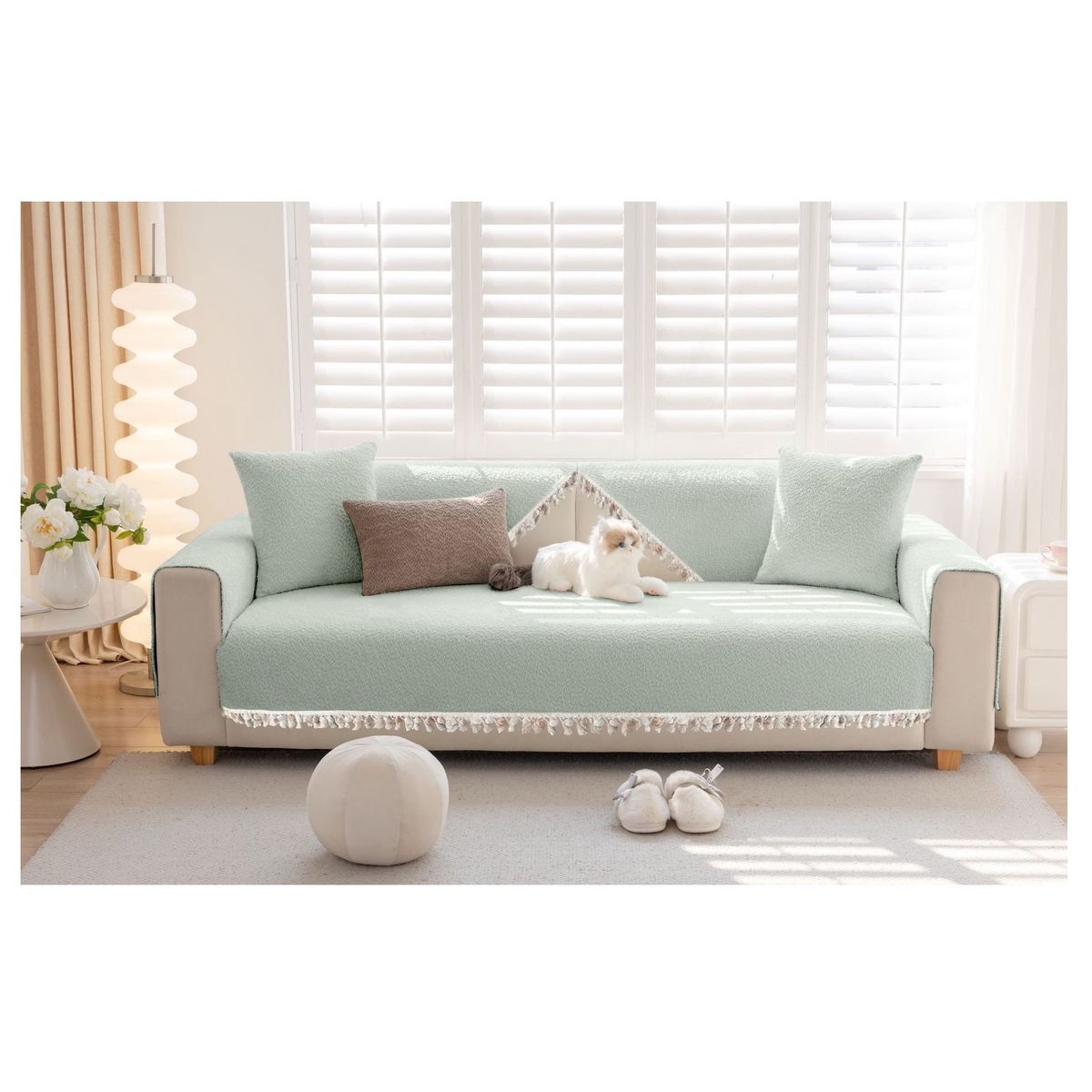 COMPRAPO - Set 3 Pzs Cubre Asiento Sofá + 2 Cubre Brazos 3 Cuerpos Menta Pompón