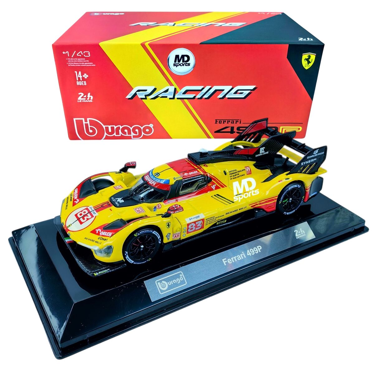 BBURAGO - Auto LeMans Ferrari 499P Amarillo LM 2024 #83 Caja Acrilica 1:43
