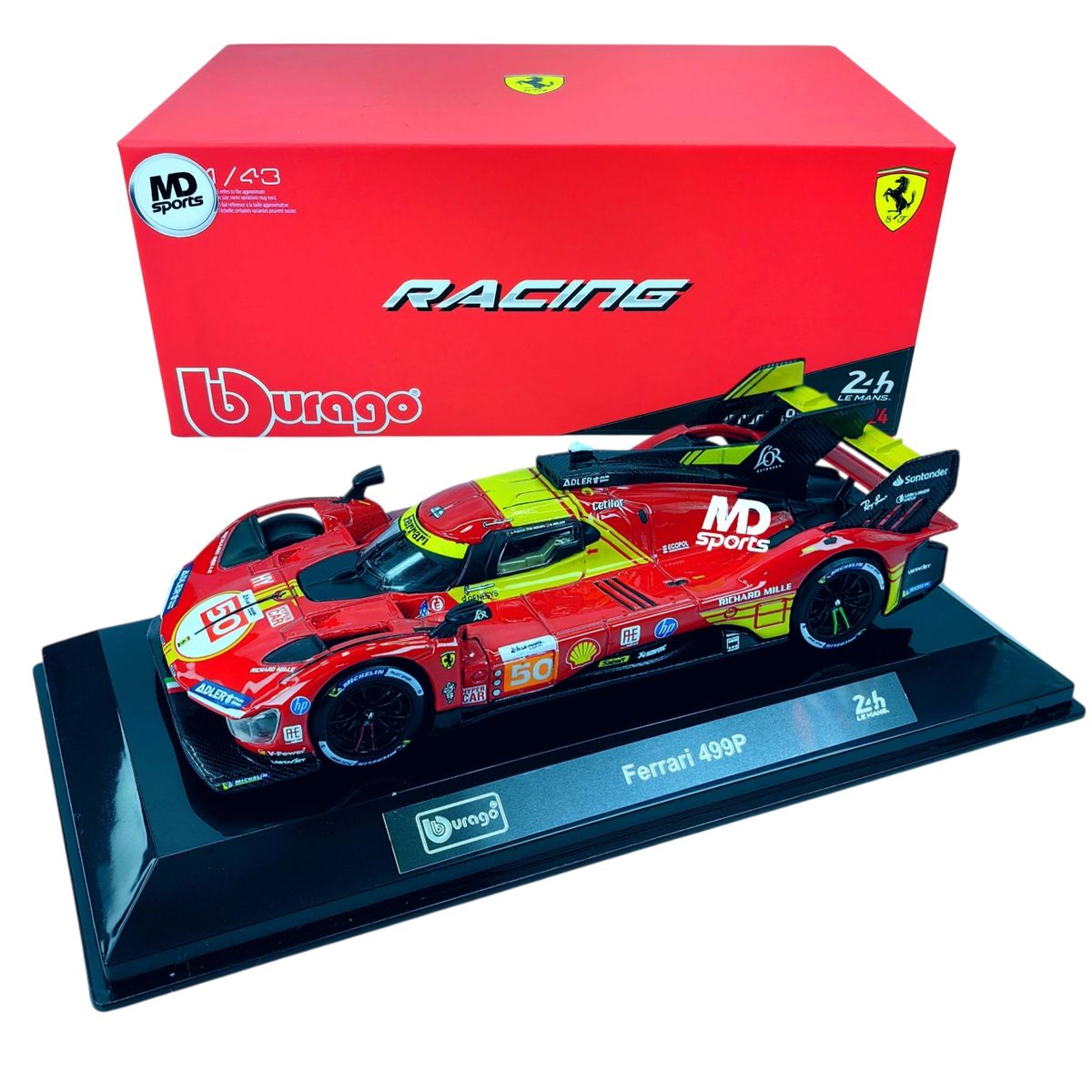 BBURAGO - Auto LeMans Ferrari 499P LM 2024 #50 Caja Acrilica Burago 1:43