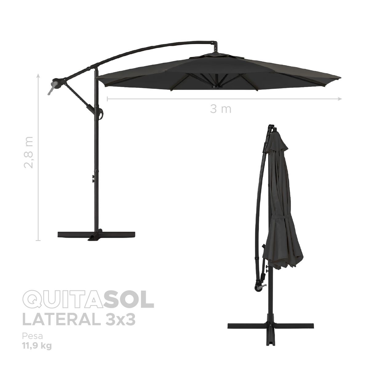 VINCENZI - Quitasol Lateral 3x3mt Sombrilla Terraza Sol Lluvia Grafito Vincenzi