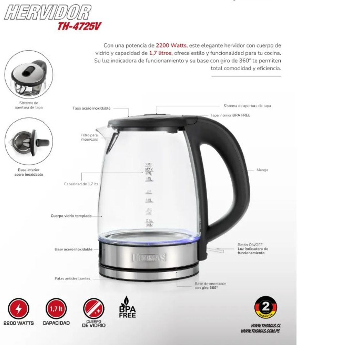 THOMAS - HERVIDOR THOMAS TH-4725 vidrio 1700ml