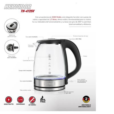 Imagen 2 del producto HERVIDOR TH-4725 vidrio 1700ml