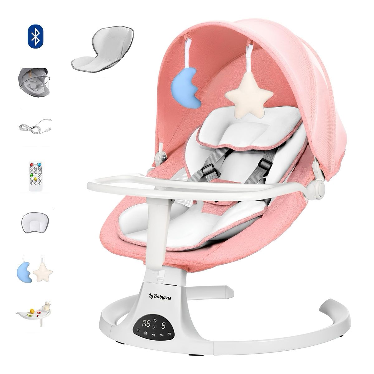 LUBABYCAS - Mecedora Eléctrica 2 En 1 Bluetooth Yoya Rosada LuBabycas