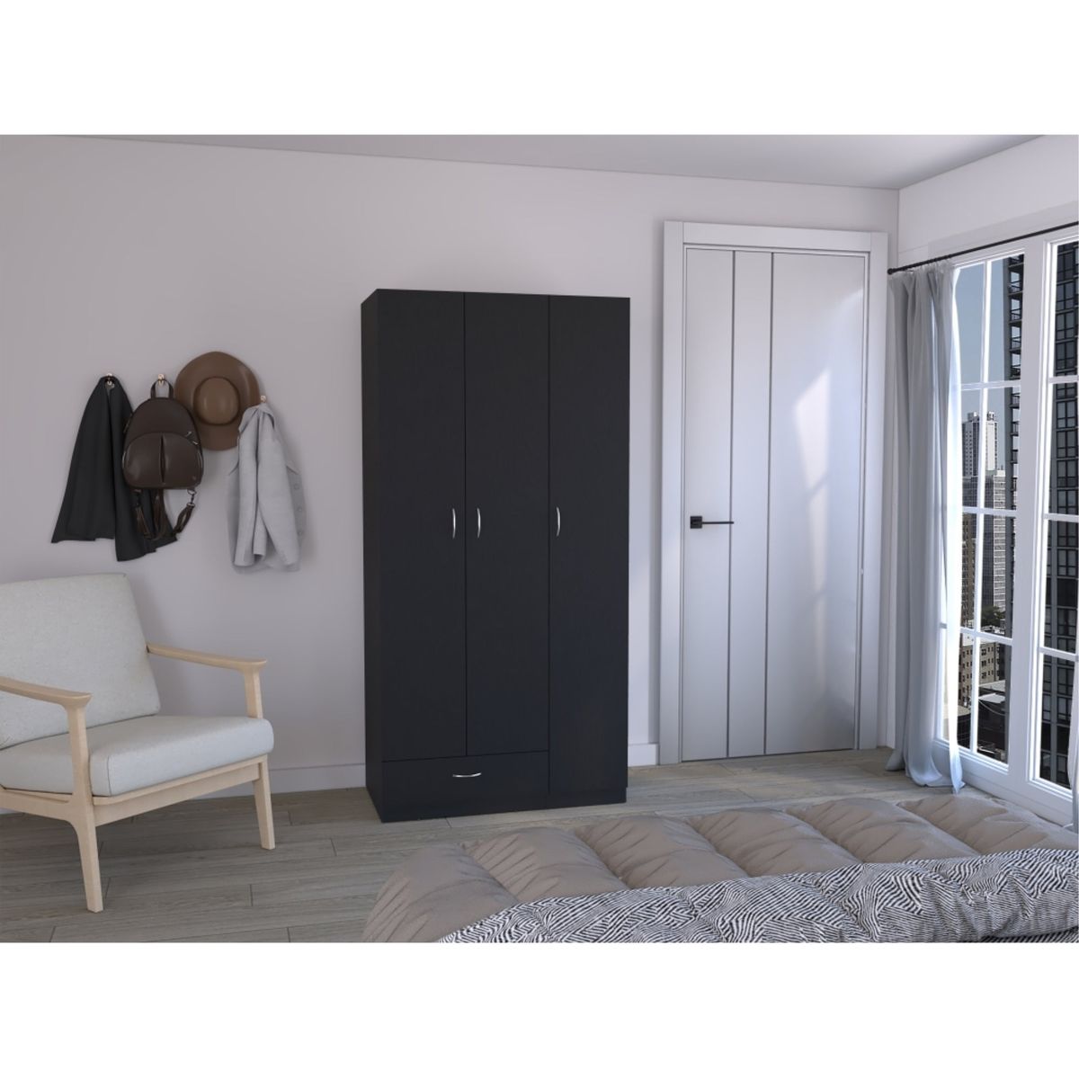 TUHOME - Closet 3 Puertas 1 Cajón - Negro 184.6x90x47.3 cm